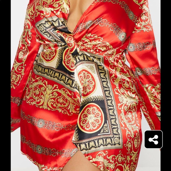 Plus Red Printed Satin Long Sleeve Wrap 